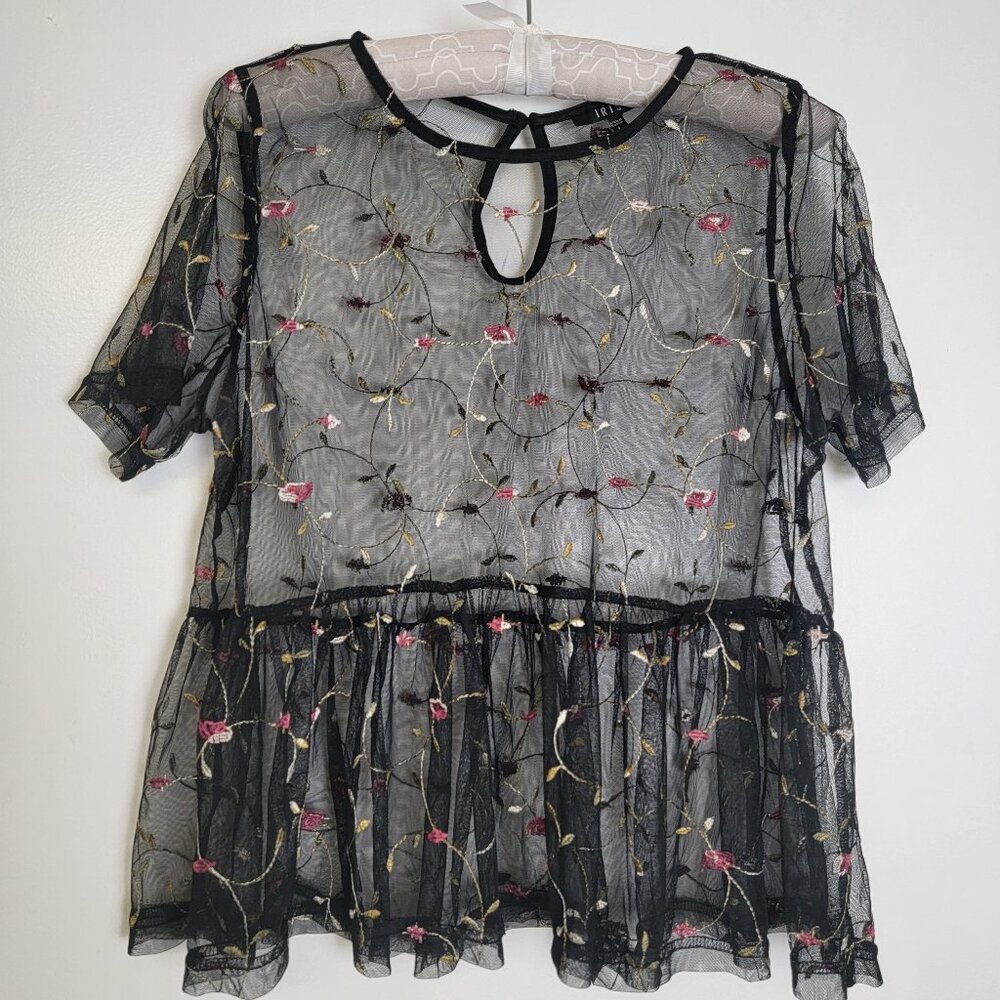 IRIS Embroidered Floral Mesh Top Blouse Women's L Boho Short Sleeve